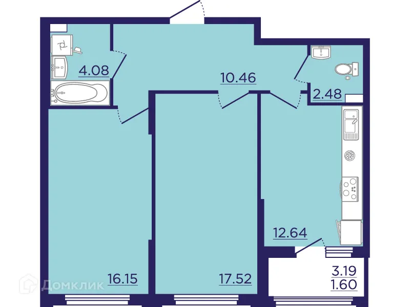 Планировка 2-комнатной квартиры 64.93 м² в ЖК Городские Сады, г. Воронеж — фото 2