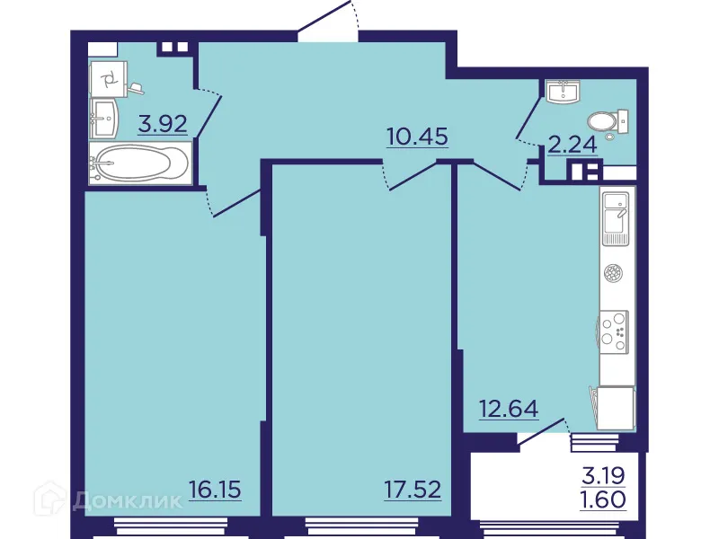 Планировка 2-комнатной квартиры 64.52 м² в ЖК Городские Сады, г. Воронеж — фото 2