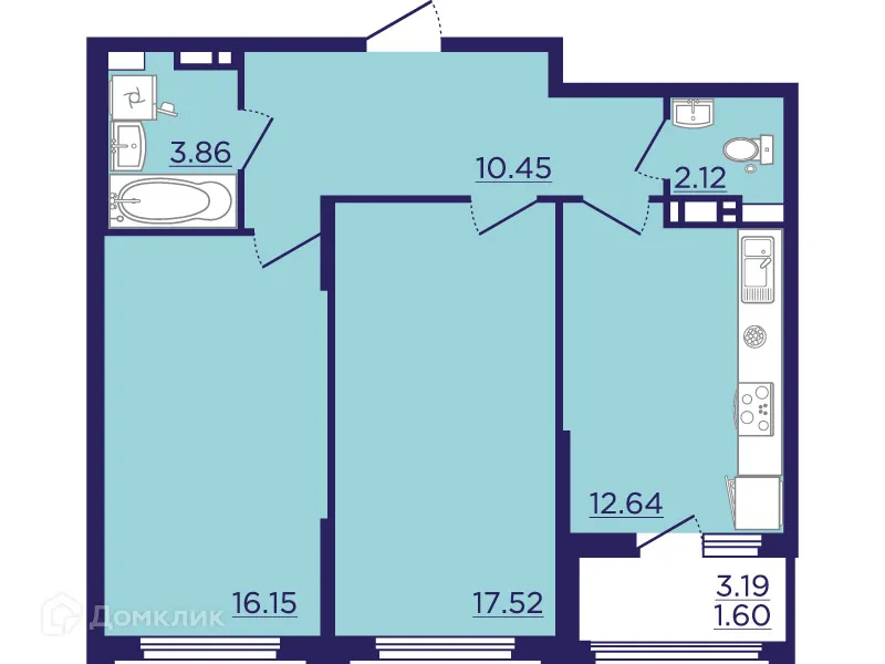 Планировка 2-комнатной квартиры 64.34 м² в ЖК Городские Сады, г. Воронеж — фото 2
