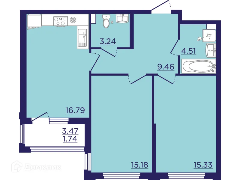 Планировка 2-комнатной квартиры 66.25 м² в ЖК Городские Сады, г. Воронеж — фото 2