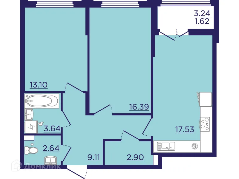 Планировка 2-комнатной квартиры 66.93 м² в ЖК Городские Сады, г. Воронеж — фото 2