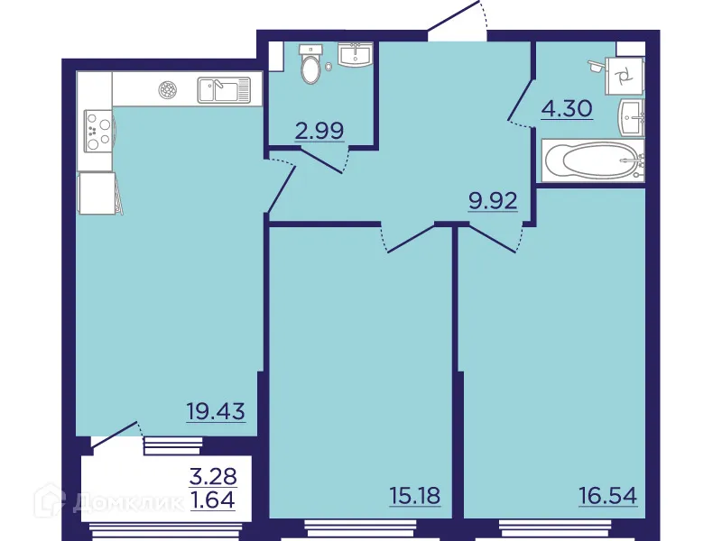 Планировка 2-комнатной квартиры 70 м² в ЖК Городские Сады, г. Воронеж — фото 2