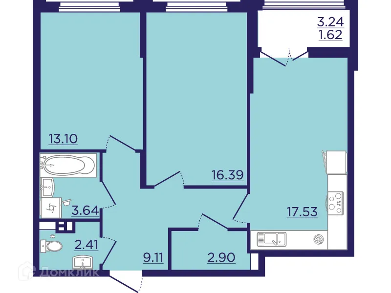 Планировка 2-комнатной квартиры 66.7 м² в ЖК Городские Сады, г. Воронеж — фото 2