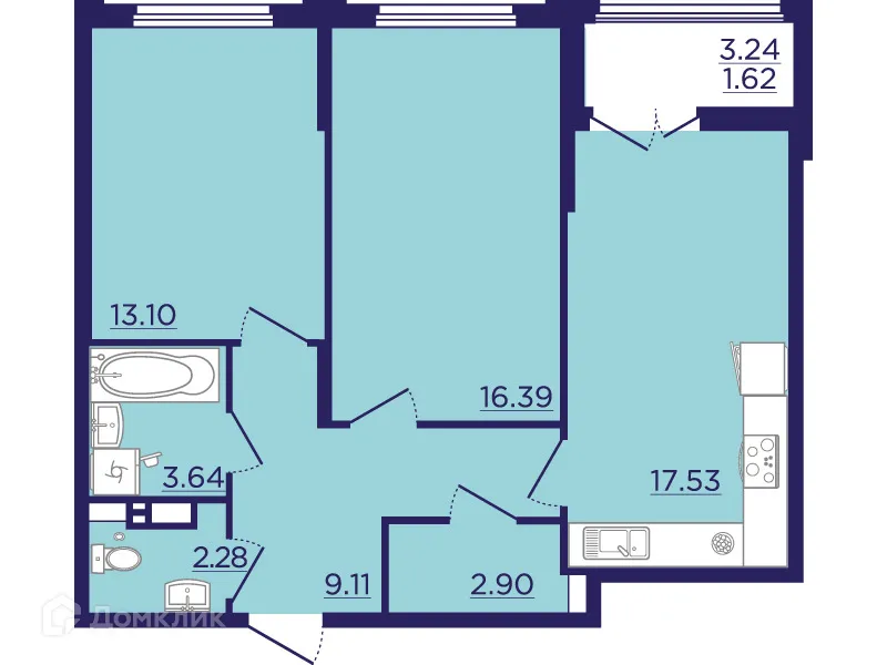 Планировка 2-комнатной квартиры 66.57 м² в ЖК Городские Сады, г. Воронеж — фото 2
