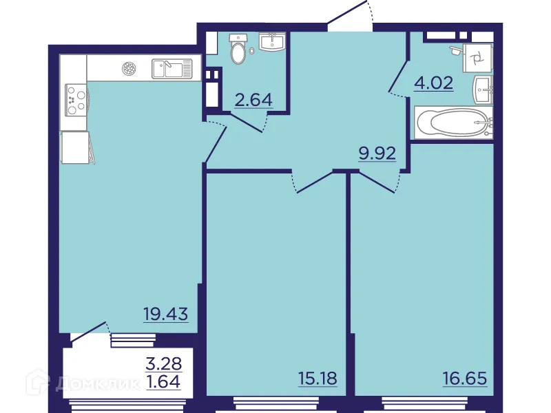 Планировка 2-комнатной квартиры 69.48 м² в ЖК Городские Сады, г. Воронеж — фото 2