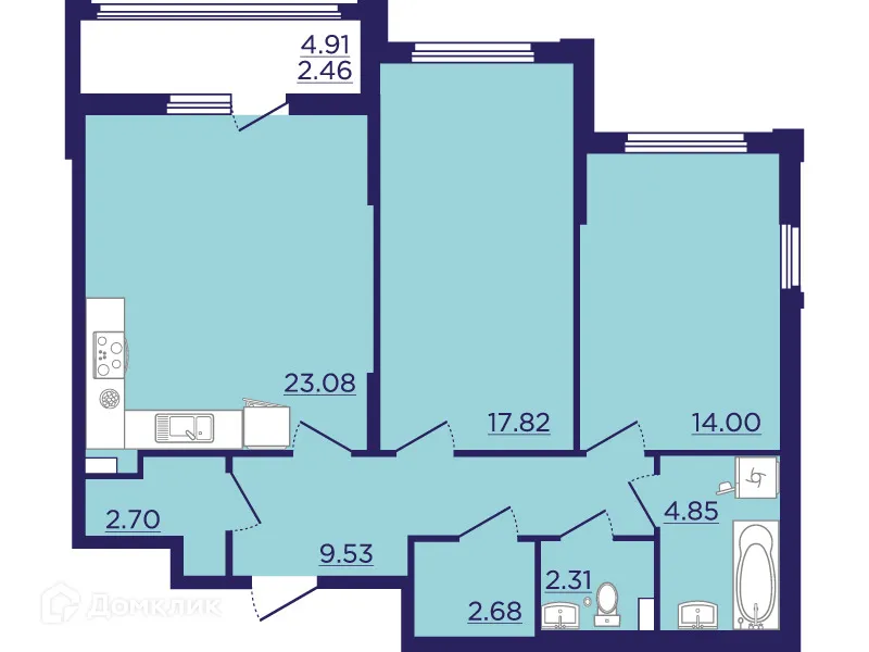 Планировка 2-комнатной квартиры 79.43 м² в ЖК Городские Сады, г. Воронеж — фото 2