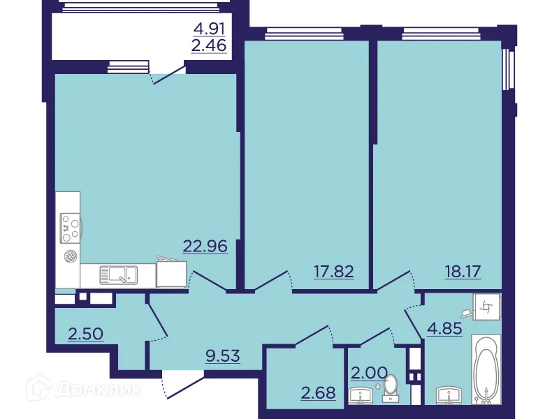 Планировка 2-комнатной квартиры 82.97 м² в ЖК Городские Сады, г. Воронеж — фото 1