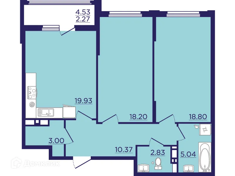 Планировка 2-комнатной квартиры 80.44 м² в ЖК Городские Сады, г. Воронеж — фото 2