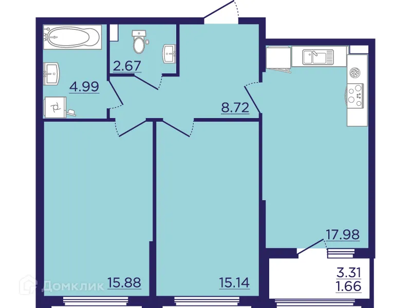 Планировка 2-комнатной квартиры 67.04 м² в ЖК Городские Сады, г. Воронеж — фото 2