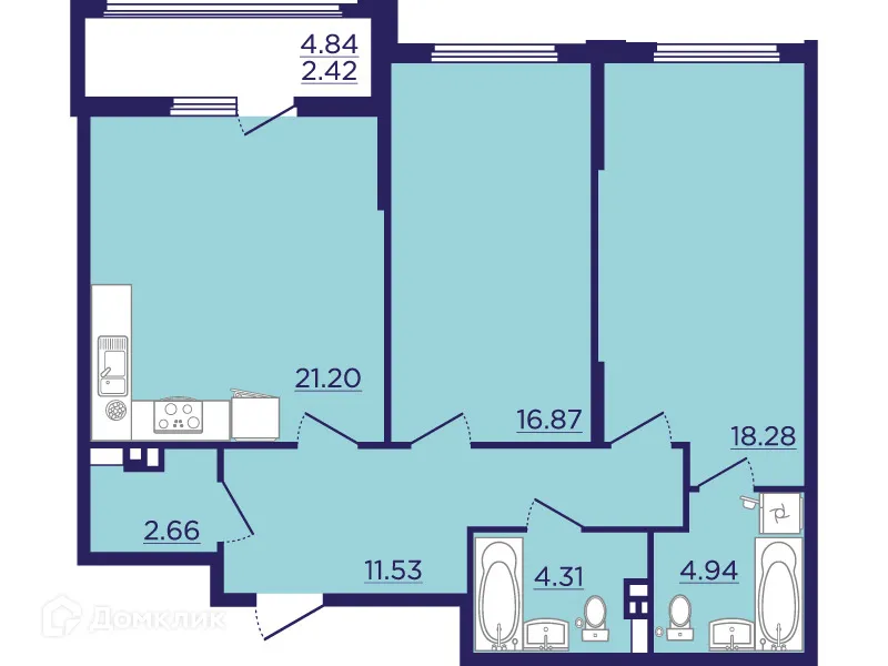 Планировка 2-комнатной квартиры 82.21 м² в ЖК Городские Сады, г. Воронеж — фото 2