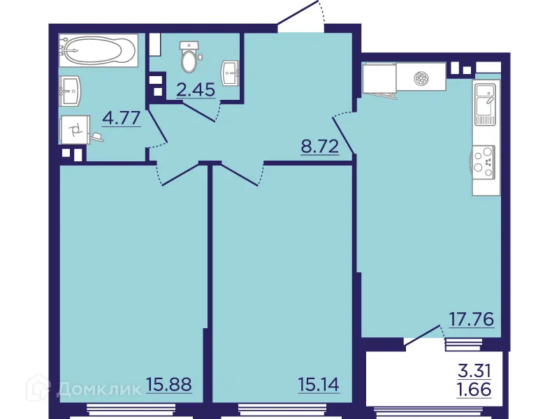 Планировка 2-комнатной квартиры 66.38 м² в ЖК Городские Сады, г. Воронеж — фото 2