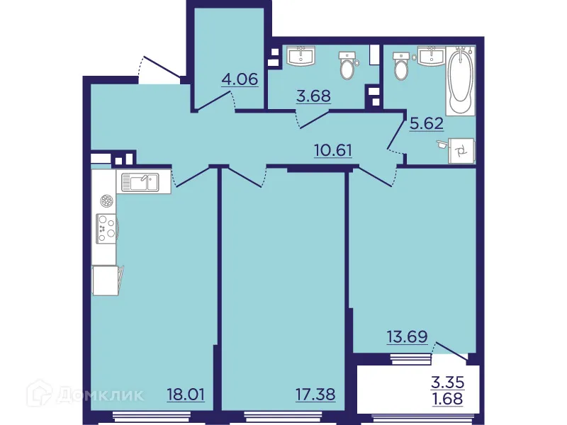 Планировка 2-комнатной квартиры 74.73 м² в ЖК Городские Сады, г. Воронеж — фото 2