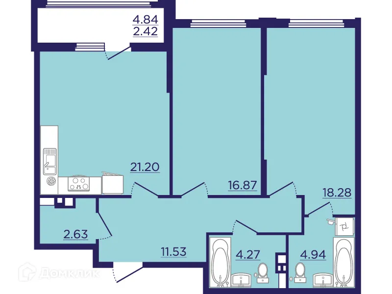 Планировка 2-комнатной квартиры 82.14 м² в ЖК Городские Сады, г. Воронеж — фото 2