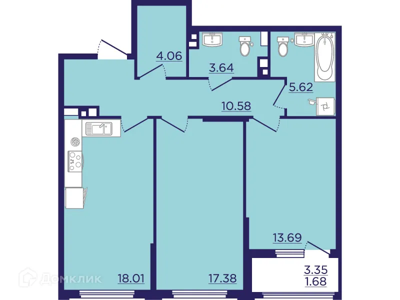 Планировка 2-комнатной квартиры 74.66 м² в ЖК Городские Сады, г. Воронеж — фото 2