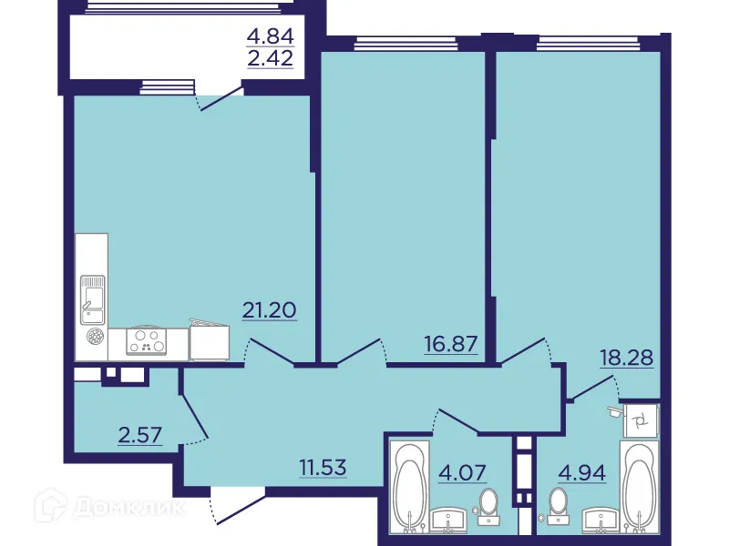 Планировка 2-комнатной квартиры 81.88 м² в ЖК Городские Сады, г. Воронеж — фото 2