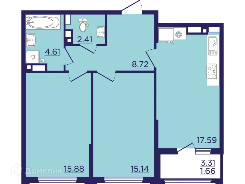 Планировка 2-комнатной квартиры 66.01 м² в ЖК Городские Сады, г. Воронеж — фото 2