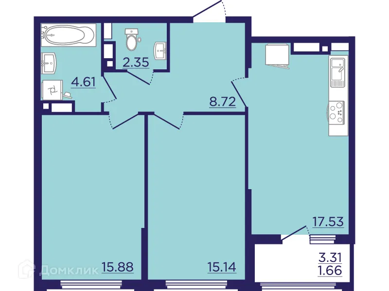 Планировка 2-комнатной квартиры 65.89 м² в ЖК Городские Сады, г. Воронеж — фото 2