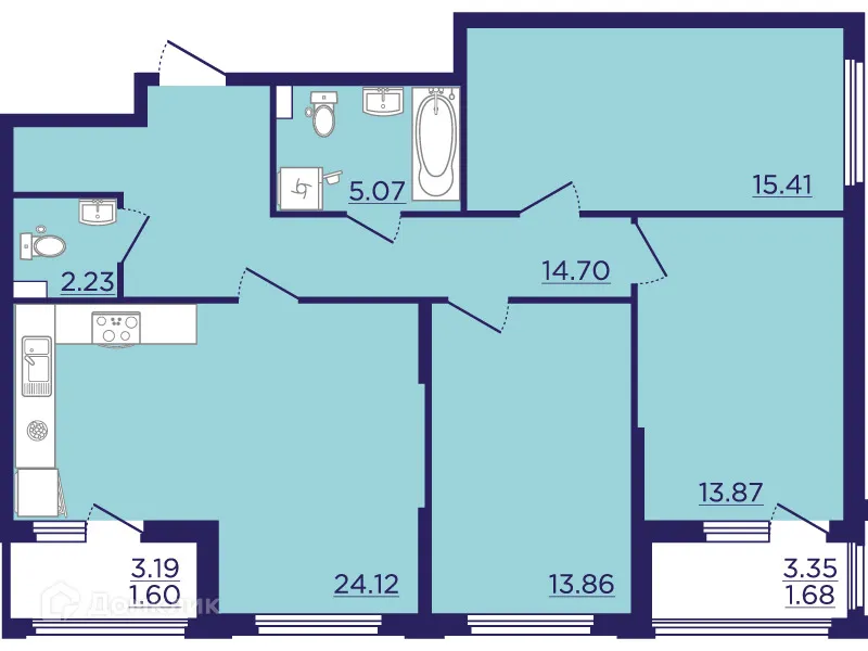 Планировка 3-комнатной квартиры 92.54 м² в ЖК Городские Сады, г. Воронеж — фото 2