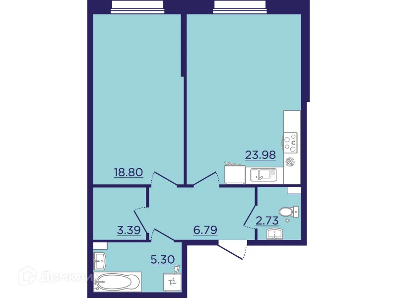 Планировка 1-комнатной квартиры 60.99 м² в ЖК Городские Сады, г. Воронеж — фото 2