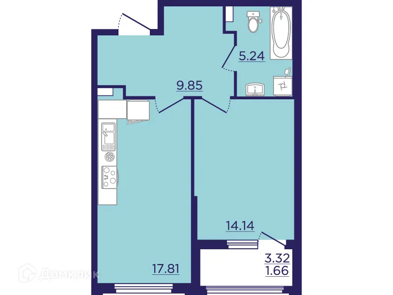 Планировка 1-комнатной квартиры 48.7 м² в ЖК Городские Сады, г. Воронеж — фото 2