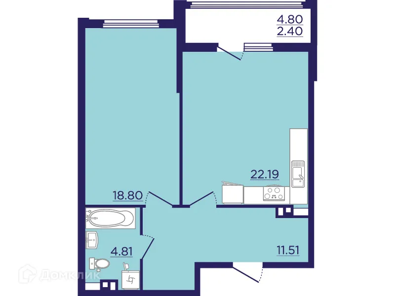 Планировка 1-комнатной квартиры 59.71 м² в ЖК Городские Сады, г. Воронеж — фото 2