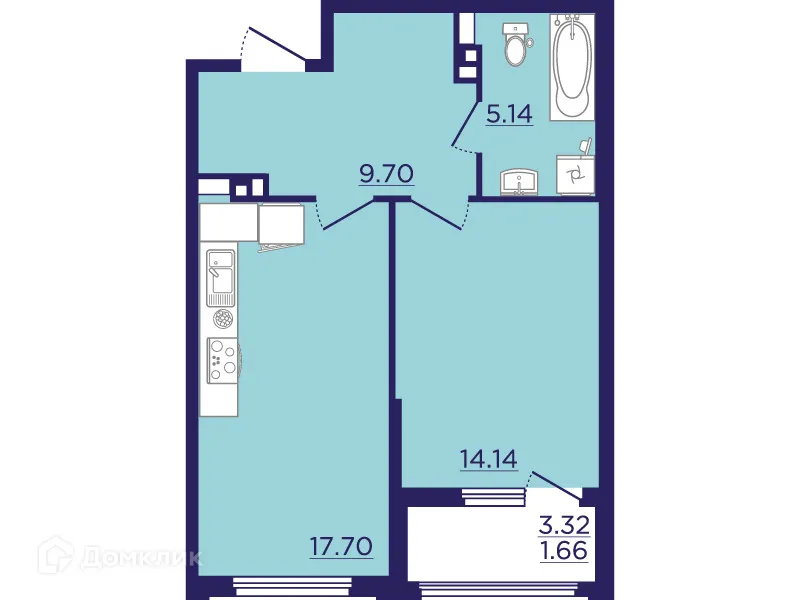 Планировка 1-комнатной квартиры 48.34 м² в ЖК Городские Сады, г. Воронеж — фото 2