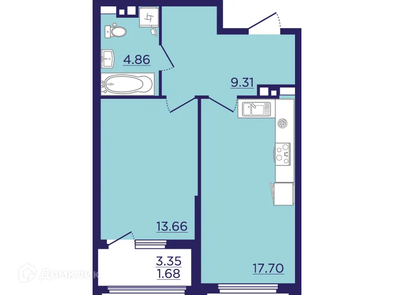 Планировка 1-комнатной квартиры 47.21 м² в ЖК Городские Сады, г. Воронеж — фото 2