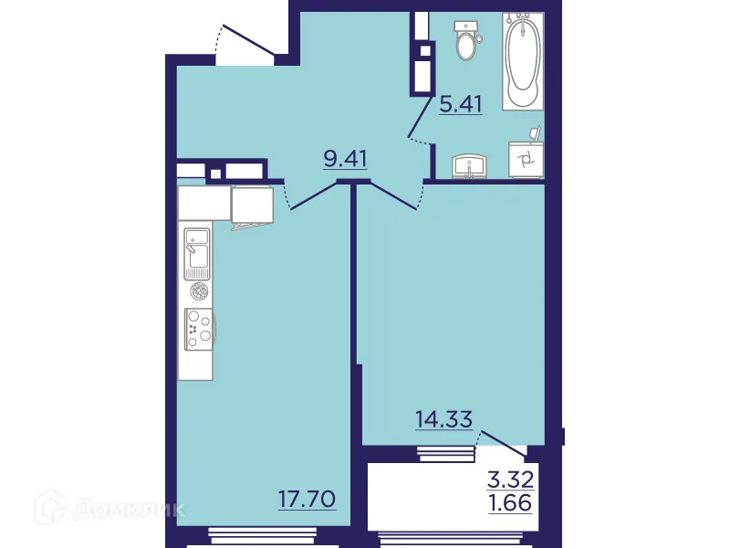 Планировка 1-комнатной квартиры 48.51 м² в ЖК Городские Сады, г. Воронеж — фото 2