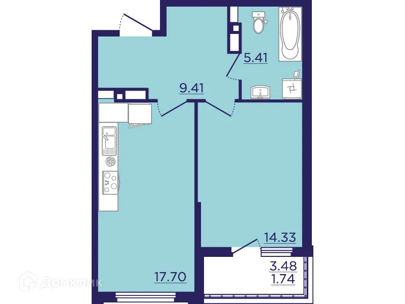 Планировка 1-комнатной квартиры 48.59 м² в ЖК Городские Сады, г. Воронеж — фото 2