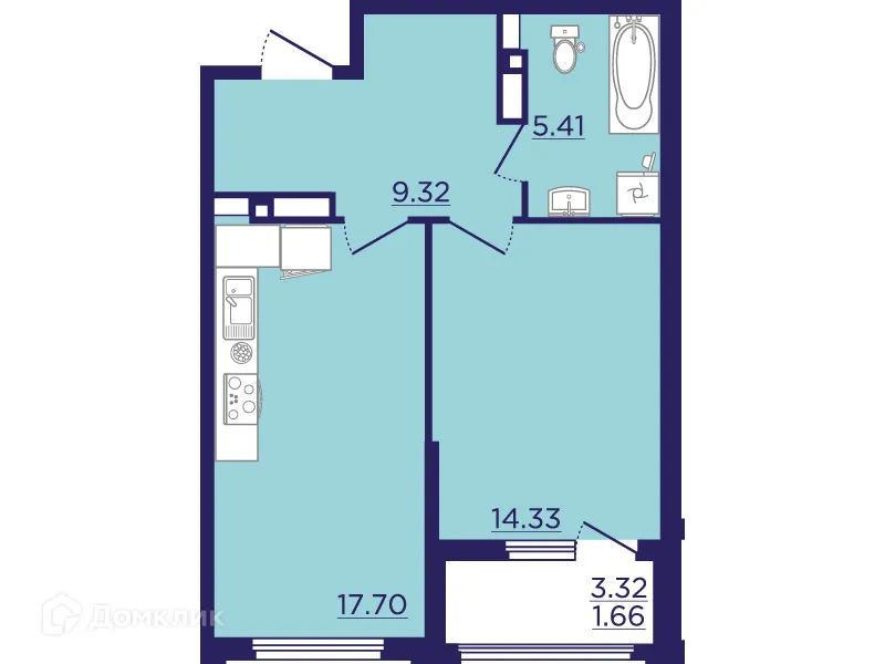 Планировка 1-комнатной квартиры 48.42 м² в ЖК Городские Сады, г. Воронеж — фото 2