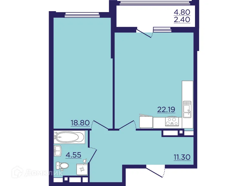 Планировка 1-комнатной квартиры 59.24 м² в ЖК Городские Сады, г. Воронеж — фото 2