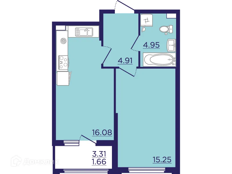 Планировка 1-комнатной квартиры 42.85 м² в ЖК Городские Сады, г. Воронеж — фото 2
