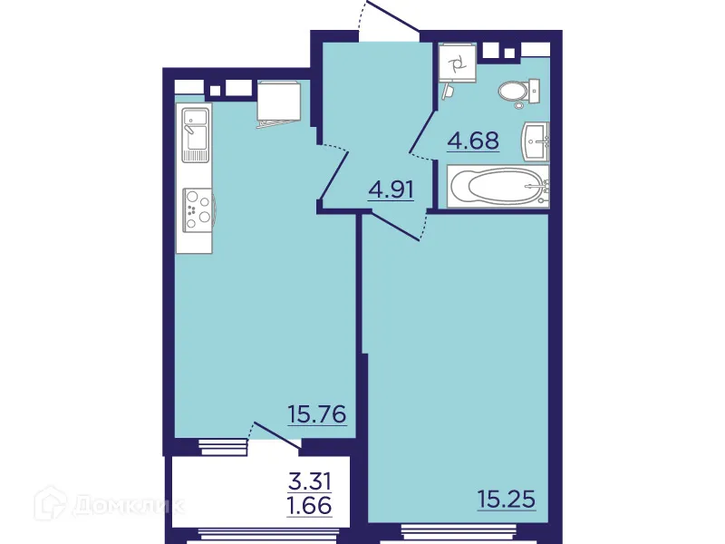 Планировка 1-комнатной квартиры 42.26 м² в ЖК Городские Сады, г. Воронеж — фото 2