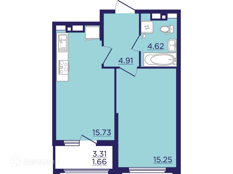 Планировка 1-комнатной квартиры 42.17 м² в ЖК Городские Сады, г. Воронеж — фото 2