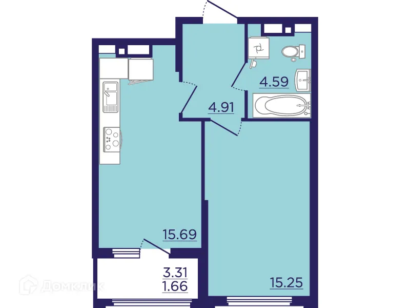 Планировка 1-комнатной квартиры 42.1 м² в ЖК Городские Сады, г. Воронеж — фото 2