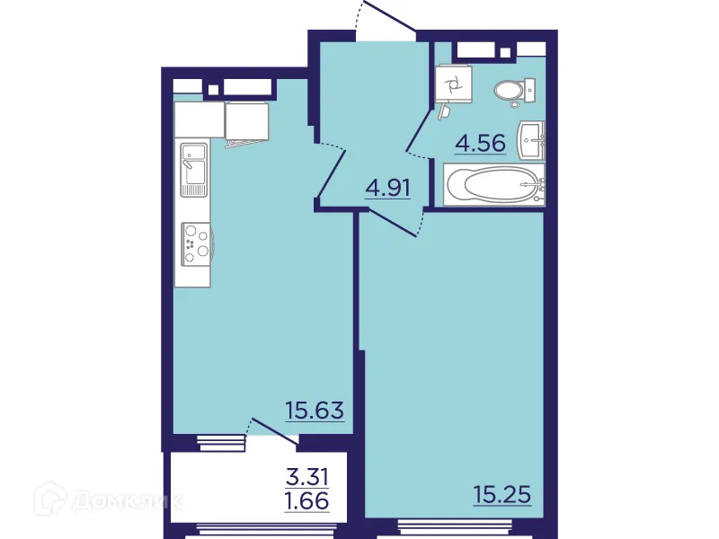 Планировка 1-комнатной квартиры 42.01 м² в ЖК Городские Сады, г. Воронеж — фото 2