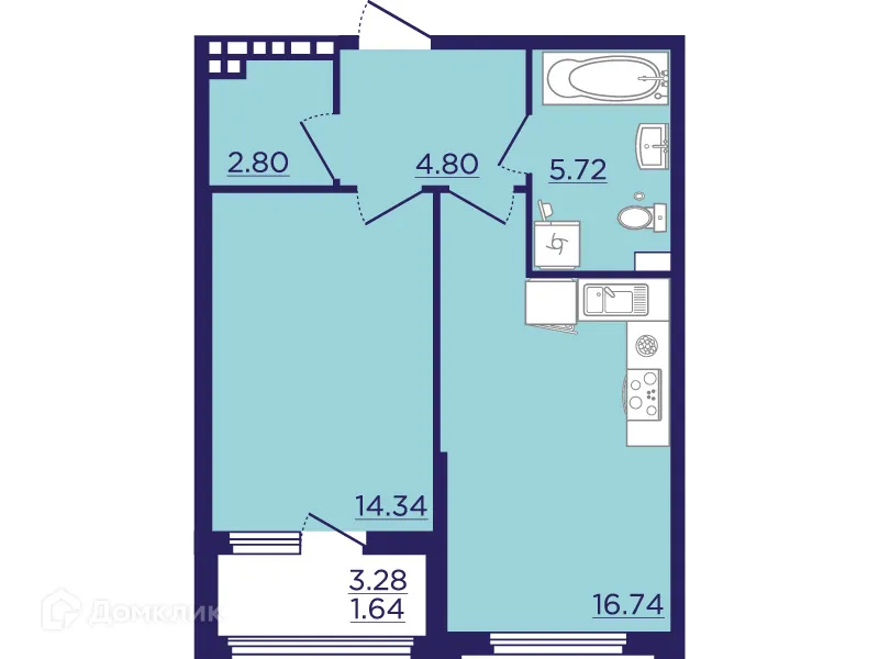 Планировка 1-комнатной квартиры 46.04 м² в ЖК Городские Сады, г. Воронеж — фото 2