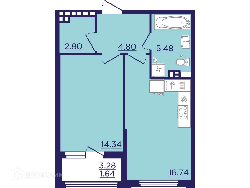 Планировка 1-комнатной квартиры 45.8 м² в ЖК Городские Сады, г. Воронеж — фото 2