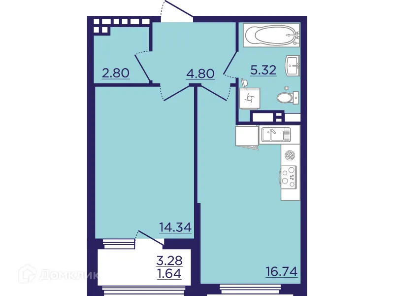 Планировка 1-комнатной квартиры 45.64 м² в ЖК Городские Сады, г. Воронеж — фото 2