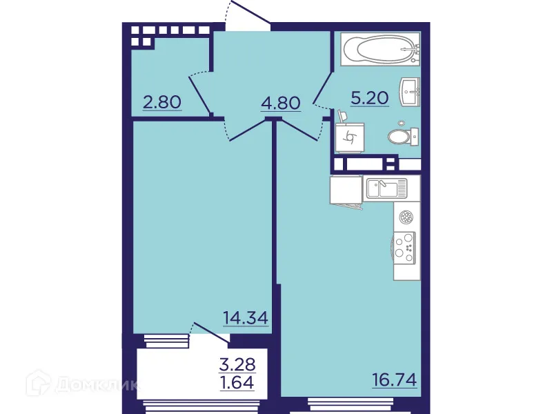 Планировка 1-комнатной квартиры 45.52 м² в ЖК Городские Сады, г. Воронеж — фото 2