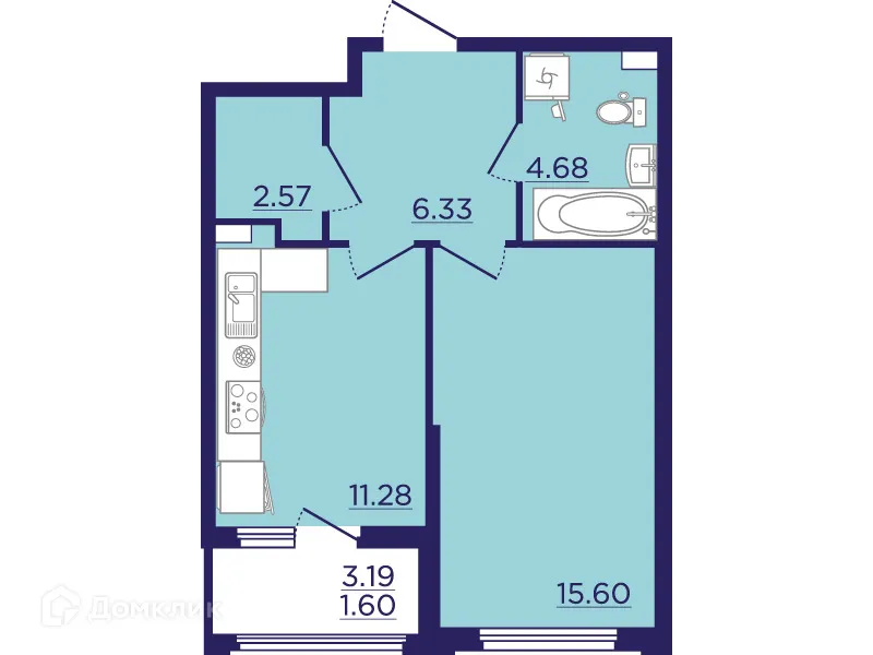 Планировка 1-комнатной квартиры 42.06 м² в ЖК Городские Сады, г. Воронеж — фото 2