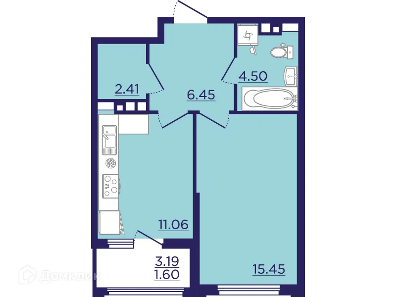 Планировка 1-комнатной квартиры 41.47 м² в ЖК Городские Сады, г. Воронеж — фото 2