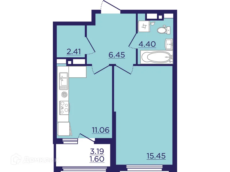 Планировка 1-комнатной квартиры 41.37 м² в ЖК Городские Сады, г. Воронеж — фото 2