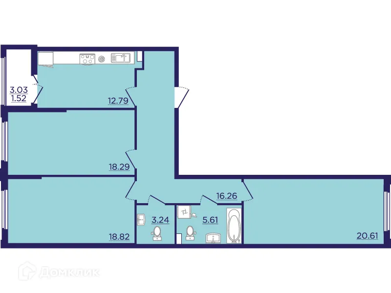 Планировка 3-комнатной квартиры 97.14 м² в ЖК Городские Сады, г. Воронеж — фото 2