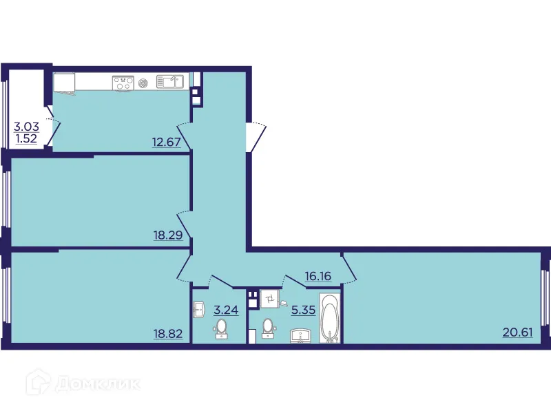 Планировка 3-комнатной квартиры 96.66 м² в ЖК Городские Сады, г. Воронеж — фото 2