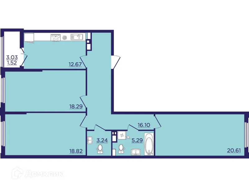 Планировка 3-комнатной квартиры 96.54 м² в ЖК Городские Сады, г. Воронеж — фото 2