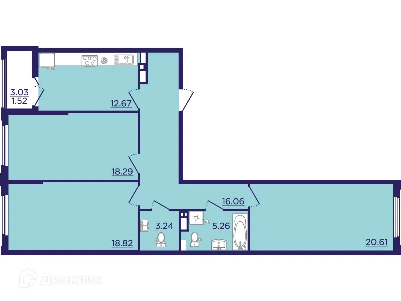 Планировка 3-комнатной квартиры 96.47 м² в ЖК Городские Сады, г. Воронеж — фото 2