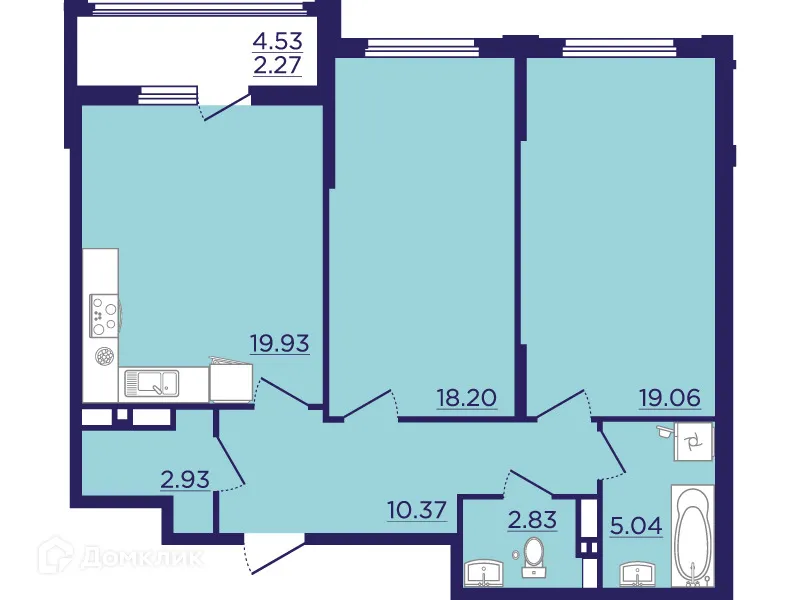 Планировка 2-комнатной квартиры 80.63 м² в ЖК Городские Сады, г. Воронеж — фото 2