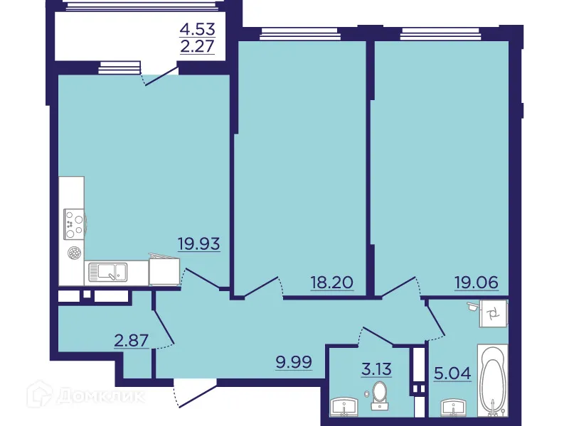 Планировка 2-комнатной квартиры 80.49 м² в ЖК Городские Сады, г. Воронеж — фото 2