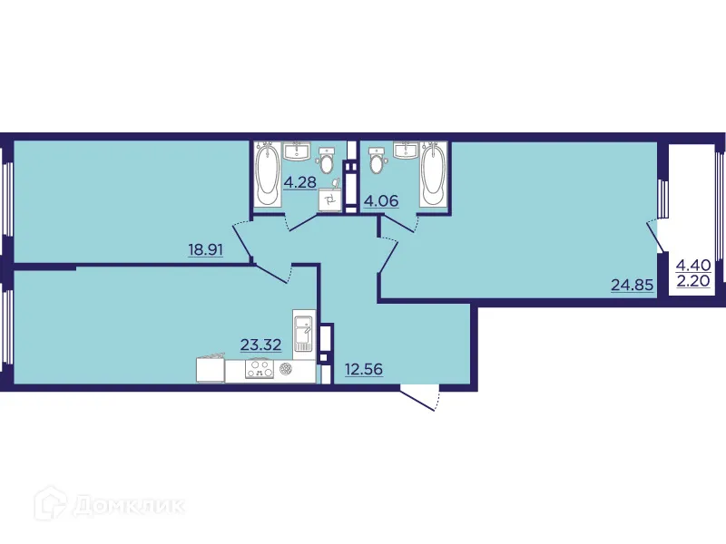 Планировка 2-комнатной квартиры 90.18 м² в ЖК Городские Сады, г. Воронеж — фото 2